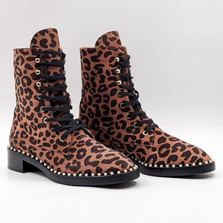 Stuart Weitzman Women Sondra Leopard Print Calf Hair Combat Boots Size 8