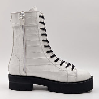 Stuart Weitzman Women Ryder Ultralift Croc Embossed Combat Boots White Size 11B US 41.5EU