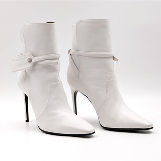 OFF-White Women Zip Tie White Leather Ankle Heel Boots size 7-7.5US EUR 38 NEW