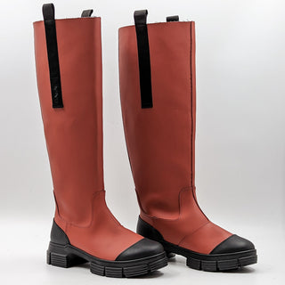 Ganni Women Recycle Country Orange Tall Rubber Lug Rain Boots size 7US EUR37